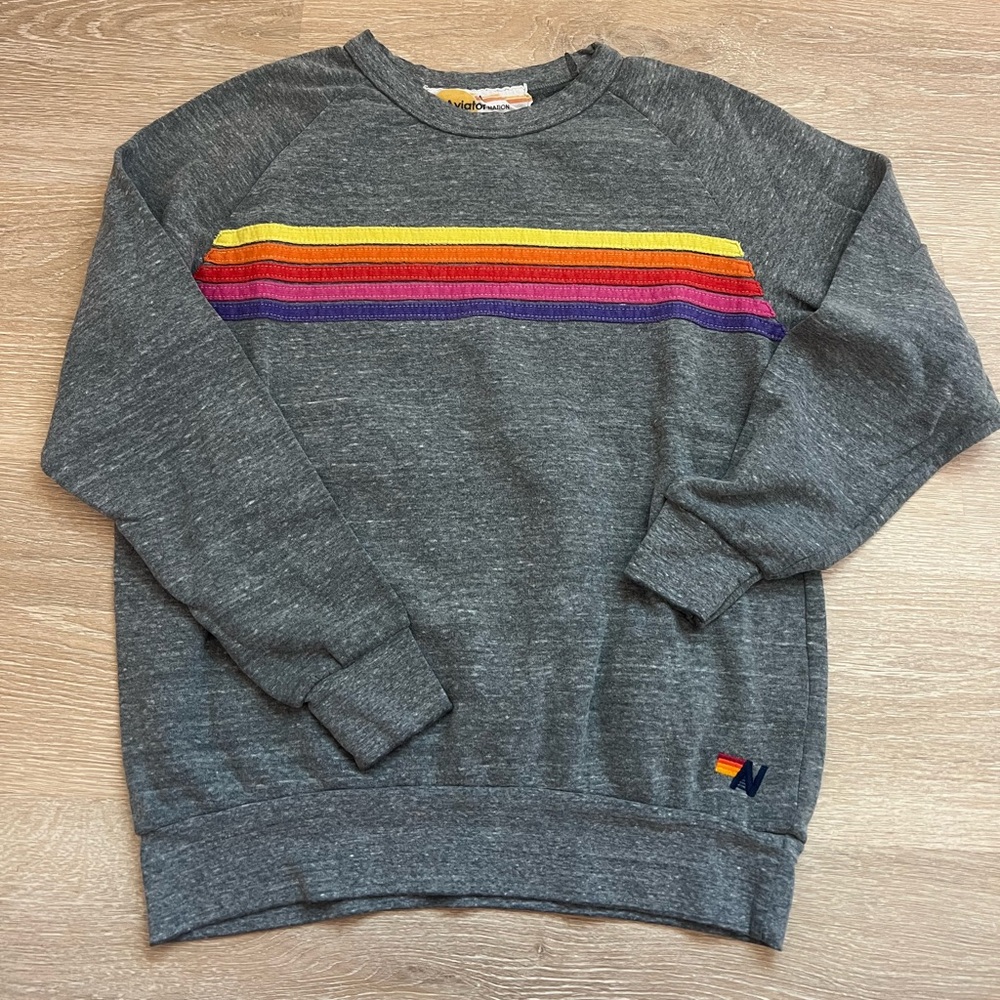 Aviator Nation Charcoal Sweatshirt with Multicolor Stripes